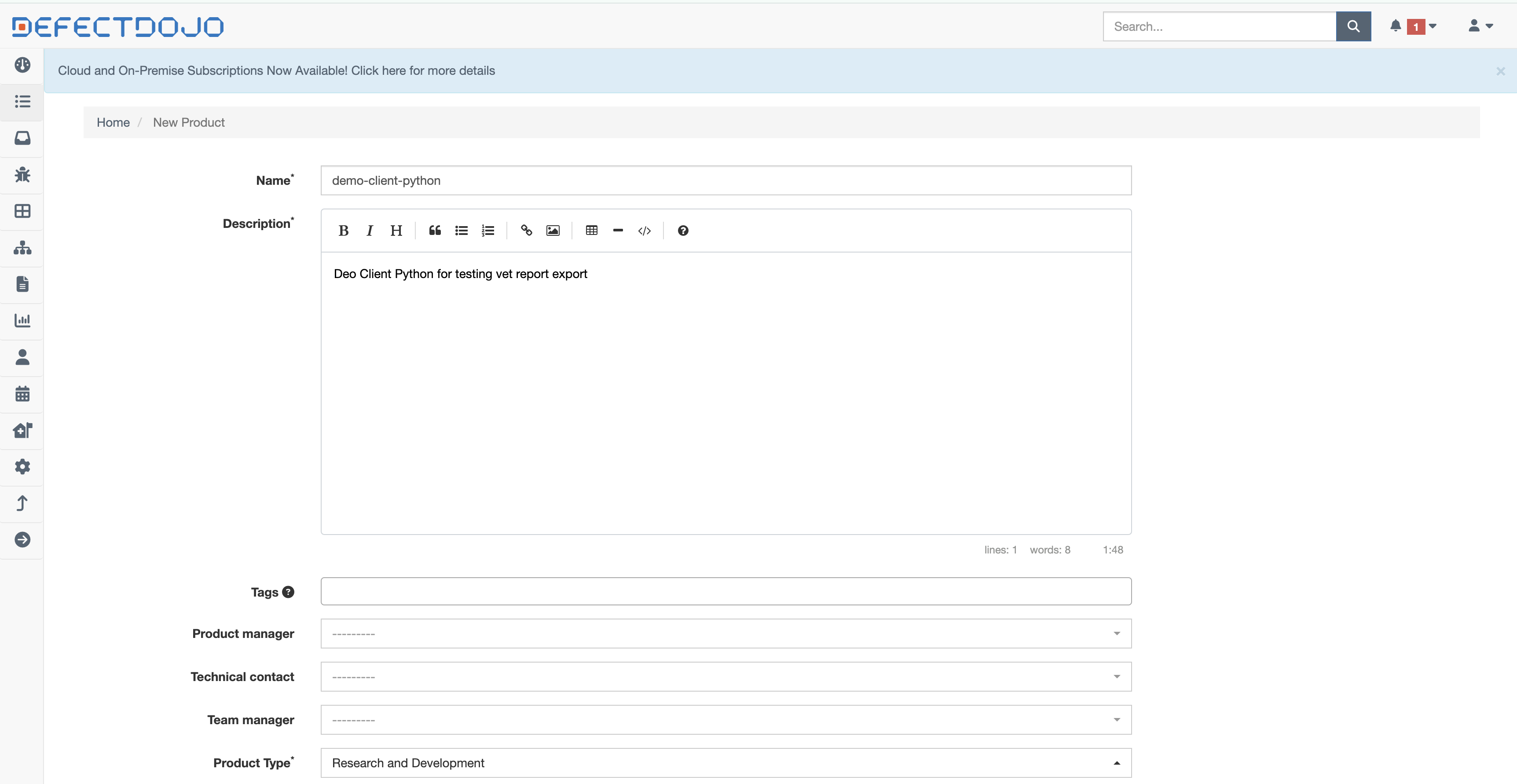 DefectDojo Add Product